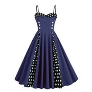 Summer Saving Wycnly Dresses for Women 2024 Evening Party Prom Vintage 1950S Flowy Pleated Swing Strap Midi Dresses Polka Dot Print Sleeveless V-Neck Knee-Length Formal Dresses for Women Blue m